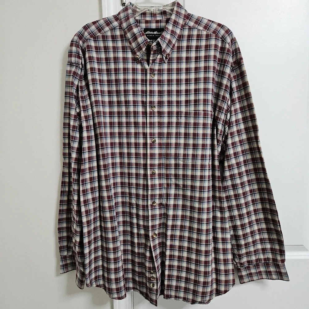 Eddie Bauer Shirt Mens XXL Maroon Blue Plaid Cotton Long Sleeve‎ Button Down